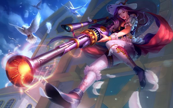Video Game League Of Legends Caitlyn Woman Warrior Weapon Purple Hair HD Wallpaper | Background Image