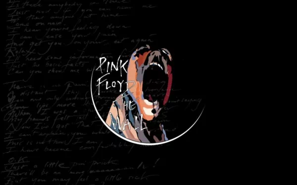 HD PC desktop wallpaper featuring an abstract, colorful depiction of a singer mid-performance with Pink Floyd text and handwritten lyrics on a black background.