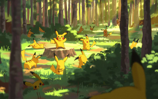 HD PC desktop wallpaper featuring multiple Pikachu characters from the Pokémon video game, gathered playfully in a sunlit forest clearing.