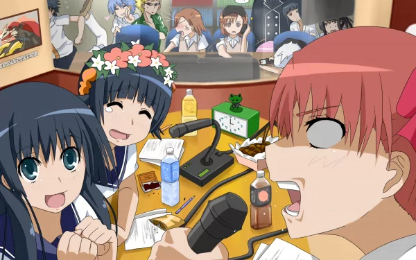 HD desktop wallpaper of A Certain Magical Index/A Certain Scientific Railgun cast: Kamijou Touma, Kaori Kanzaki, Kazari Uiharu, Ruiko Saten, the Sisters, Kuroko Shirai and Mikoto Misaka laughing around a table.