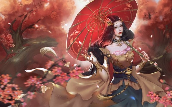 Fantasy Women Umbrella Dress Oriental HD Wallpaper | Background Image