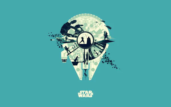 Minimalist 4K Ultra HD Star Wars wallpaper featuring the Millennium Falcon silhouette with iconic scenes inside, set against a teal background.