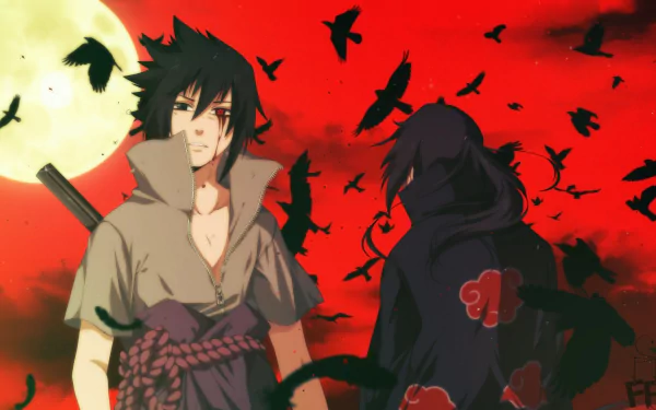 HD PC desktop wallpaper featuring anime characters Itachi Uchiha and Sasuke Uchiha from Naruto, set against a red sky with a full moon and flying crows.
