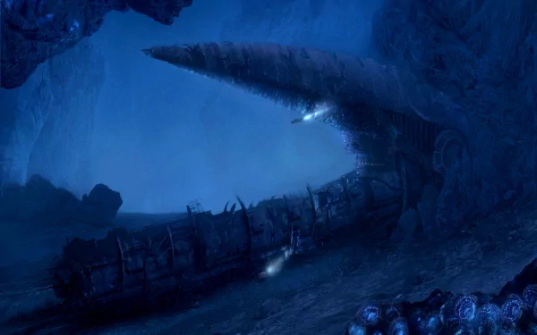 HD fantasy ocean wallpaper featuring a mysterious, sunken structure bathed in deep blue tones.