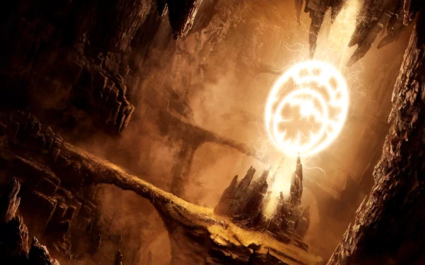 HD desktop wallpaper of Prince of Persia: The Sands of Time Trilogy, featuring a glowing, mystical portal in a rugged, dark cavern environment from the video game.