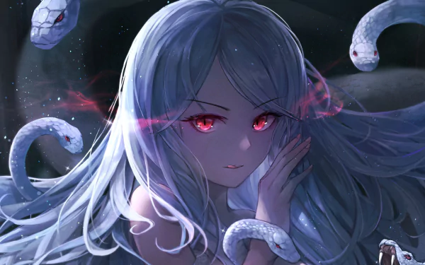 Anime-style HD wallpaper featuring a girl with white hair and red eyes surrounded by snakes.