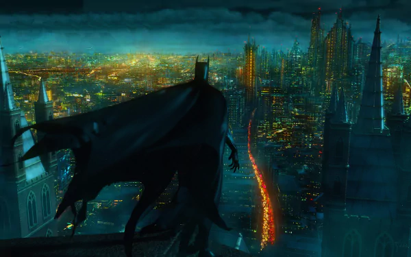 Batman overlooking the illuminated Gotham City skyline at night in a detailed 4K Ultra HD DC Comics desktop wallpaper and background.