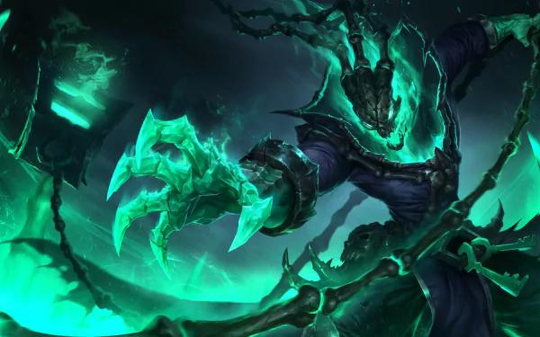 HD PC desktop wallpaper of Thresh (League of Legends), video game character from Legends of Runeterra — spectral warden with glowing green chains and lantern amid swirling dark mist.