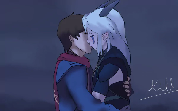 HD PC desktop wallpaper showing two characters from the TV show The Dragon Prince embracing and kissing against a quiet dusky-blue background.