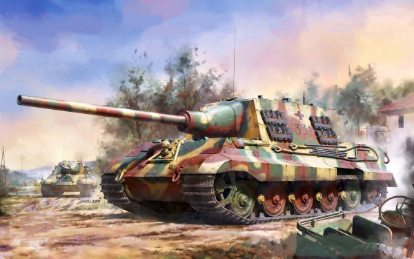 HD desktop wallpaper featuring a World War II self-propelled artillery vehicle painted in camouflage, set in a battlefield environment.