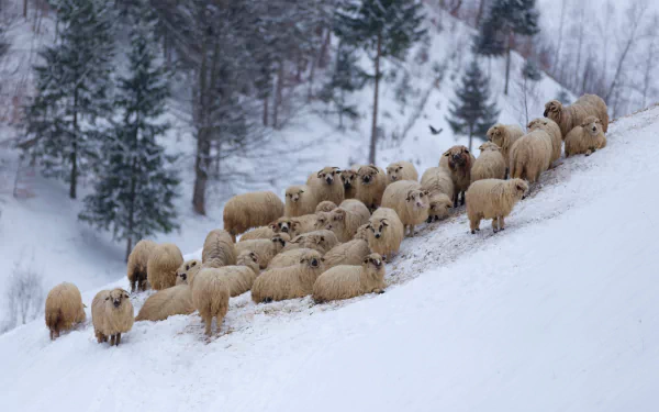 A herd of sheep stands on a snowy hillside surrounded by winter trees, captured in high definition as a PC desktop wallpaper and background.