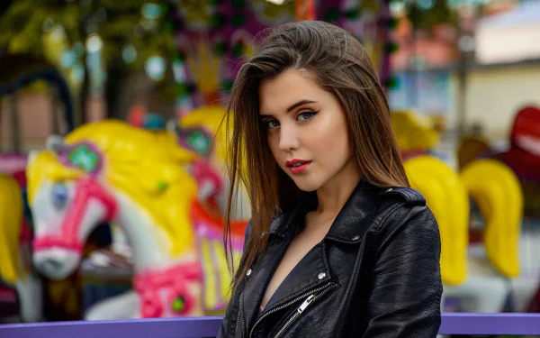 leather jacket brunette lipstick depth of field woman model HD Desktop Wallpaper | Background Image