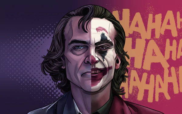 HD PC desktop wallpaper featuring a split-face illustration of Joaquin Phoenix as the Joker from DC Comics, with bold HAHA text in the background.