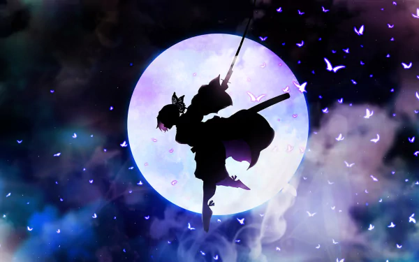 HD wallpaper of Shinobu Kochou from Demon Slayer: Kimetsu no Yaiba, depicted against a mystical moon and starry sky background.