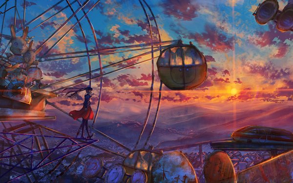 Anime Original Sunset City Ferris Wheel HD Wallpaper | Background Image