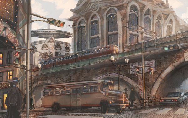 Anime Original Bus Car Vehicle People Bridge HD Wallpaper | Background Image