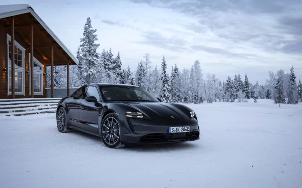black car snow winter car Porsche vehicle Porsche Taycan 4S HD Desktop Wallpaper | Background Image