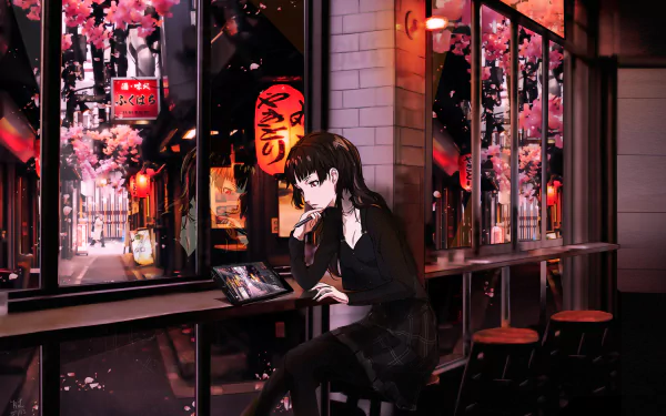 HD PC desktop wallpaper featuring Makoto Niijima from the video game Persona 5, set in a vibrant nighttime street scene with cherry blossoms and warm lantern light.