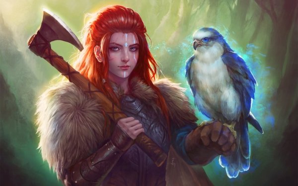 Fantasy Viking Bird Falcon Axe Woman Warrior Red Hair HD Wallpaper | Background Image