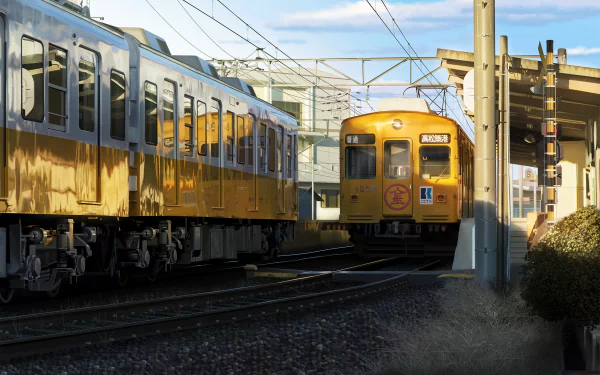A vibrant anime-inspired scene featuring yellow trains on a railway, showcasing a lively urban atmosphere. An engaging HD desktop wallpaper for fans of trains and anime aesthetics.