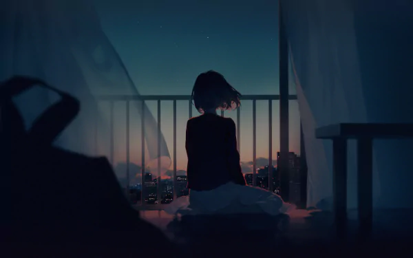 HD wallpaper featuring an anime girl sitting on a balcony at dusk, gazing at the evening sky with city lights twinkling in the distance.