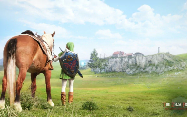 HD PC desktop wallpaper of Link from the video game The Legend of Zelda: Ocarina of Time standing with his horse Epona in a sunlit meadow, castle on the horizon.