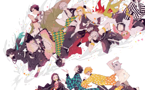 HD desktop wallpaper featuring vibrant anime characters from Demon Slayer: Kimetsu no Yaiba, including Giyuu Tomioka, Shinobu Kochou, Inosuke Hashibira, Zenitsu Agatsuma, Tanjiro and Nezuko Kamado, and others.