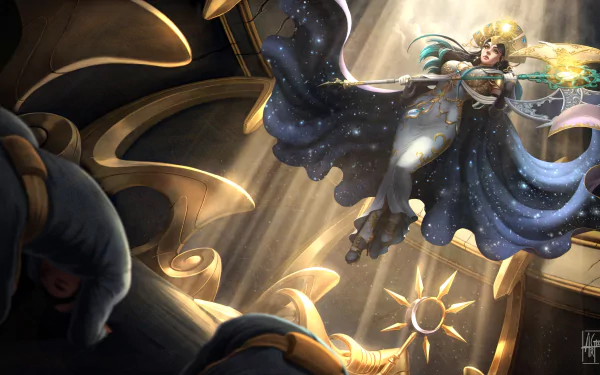 5K Ultra HD PC desktop wallpaper: a fantasy sorceress in a flowing star-speckled dress wields a glowing staff, floating amid golden architectural beams and magical light.