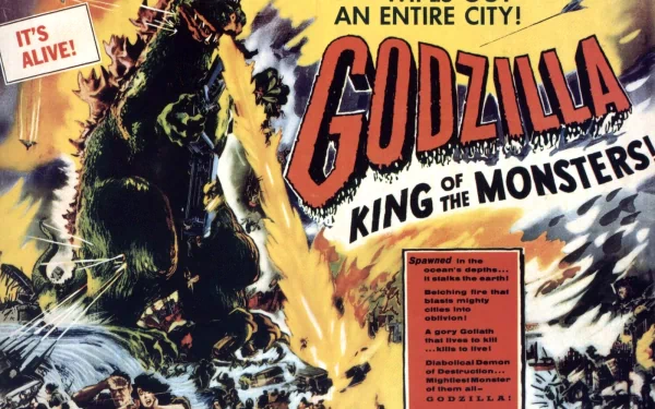 HD wallpaper featuring Godzilla, the iconic monster, with bold text proclaiming Godzilla, King of the Monsters! amidst a city in chaos. A classic cinematic image.