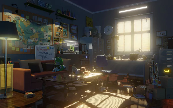 A cozy anime-themed room bathed in sunshine, featuring a sofa, table, desk, chair, world map on the wall, aquarium, clock, bike, and a character with green hair and animal ears. HD desktop wallpaper.
