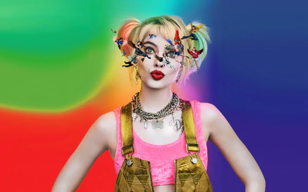 4K desktop wallpaper of DC Comics' Harley Quinn (Harleen Quinzel) with short blonde twintails, colorful face paint and pink top from Birds of Prey.