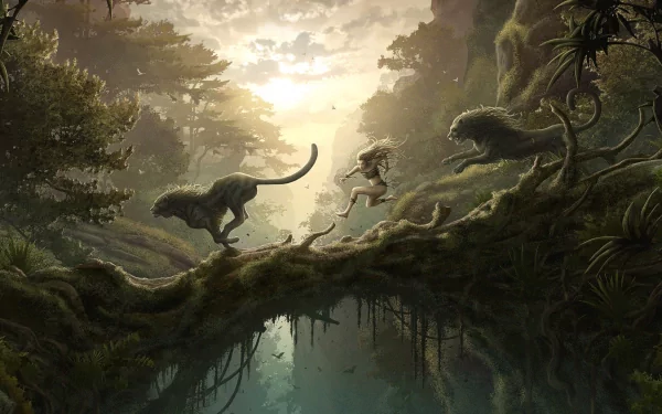 HD fantasy landscape desktop wallpaper featuring a lush, misty forest with a glowing sky, where a human and two mythical creatures run across a natural bridge.