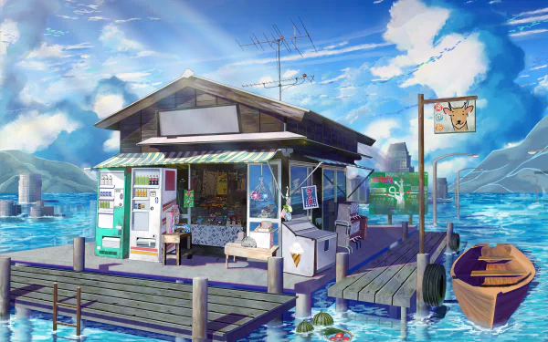 boat vending machine sea Anime shop HD Desktop Wallpaper | Background Image