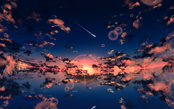 Anime Sunset Reflection Cloud Shooting Star HD Wallpaper | Background Image