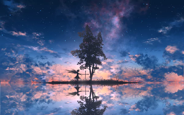 HD desktop wallpaper featuring an anime-style starry sky with vivid colors, mirrored by a serene water reflection, centered around a lone tree and cross.
