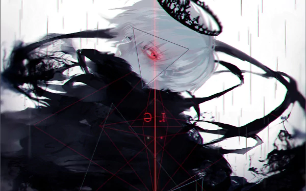 HD desktop wallpaper featuring Ken Kaneki from Tokyo Ghoul:re, with an artistic depiction of dark shadows and abstract elements.
