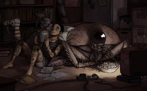HD anime wallpaper featuring Johnson and Dr. Kasukabe from Dorohedoro, relaxing in a dimly lit room with snacks and gaming equipment nearby.
