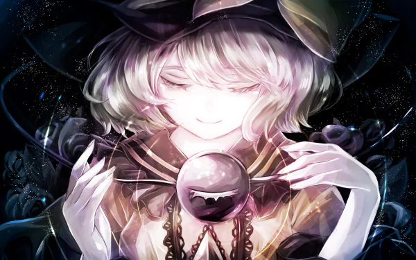 HD PC desktop wallpaper featuring Koishi Komeiji from the Touhou anime series, depicted with a glowing orb and ethereal, dark cosmic background.