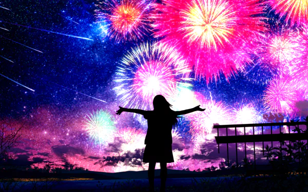 A vibrant anime scene showing a silhouetted figure celebrating under a starry sky filled with colorful fireworks and shooting stars, creating an enchanting atmosphere. HD desktop wallpaper.