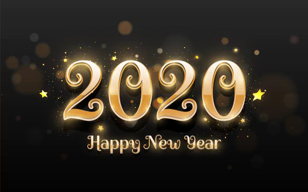 Golden 2020 numerals with sparkling stars and Happy New Year on a dark bokeh background — holiday-themed 5K Ultra HD PC desktop wallpaper.