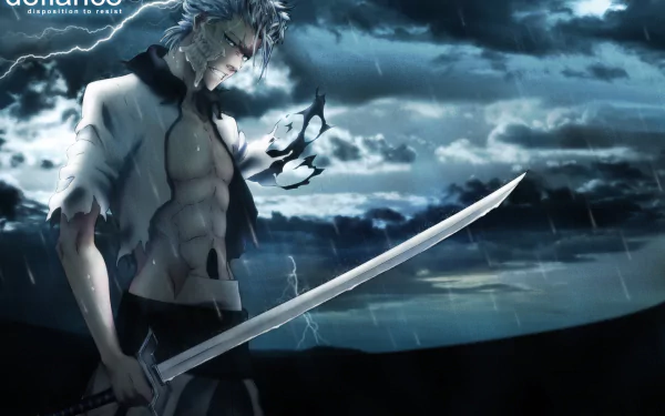 HD desktop wallpaper featuring Grimmjow Jaegerjaquez from the anime Bleach. He stands in the rain, wielding a sword, with a stormy sky in the background.