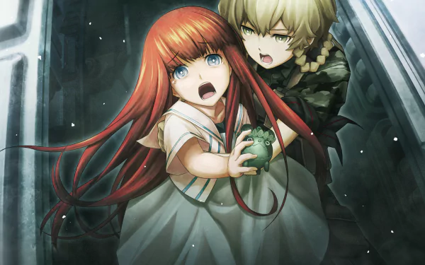 HD PC desktop wallpaper featuring anime characters Kagari Shiina and Suzuha Amane from Steins;Gate 0 in a dramatic, intense scene.