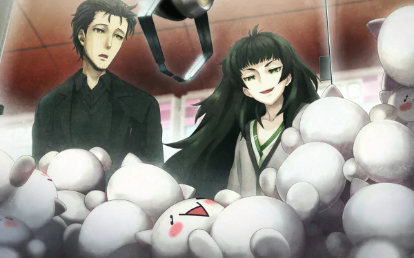 HD PC wallpaper of Maho Hiyajo and Rintaro Okabe from Steins;Gate 0, anime-style, standing amid plush toys inside an arcade claw machine — a vivid desktop background.