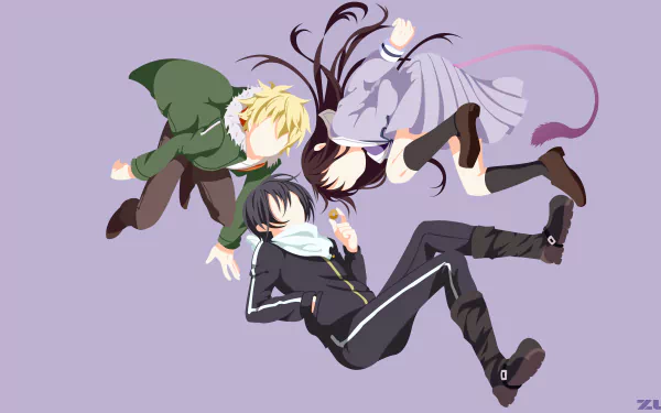 4K Ultra HD anime wallpaper featuring Noragami characters Yato, Hiyori Iki, and Yukine floating against a soft purple background.