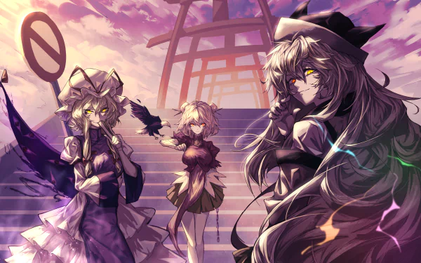 4K Ultra HD anime wallpaper featuring Touhou characters Okina Matara, Yukari Yakumo, and Kasen Ibaraki with heterochromia, set against a dramatic twilight shrine backdrop.
