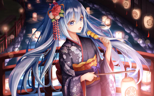 Hatsune Miku in a kimono holding a paper lantern, with long blue hair adorned with floral accessories, standing on a bridge surrounded by floating lanterns. Anime-style HD wallpaper and background.
