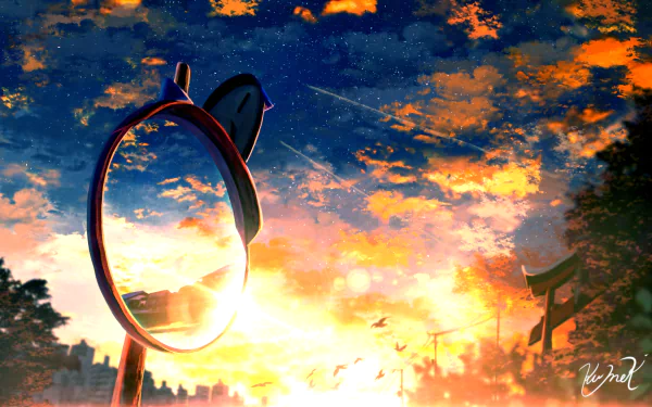 HD anime desktop wallpaper featuring a vibrant sunset reflected in a mirror under a starry sky, blending warm tones with detailed outdoor elements.