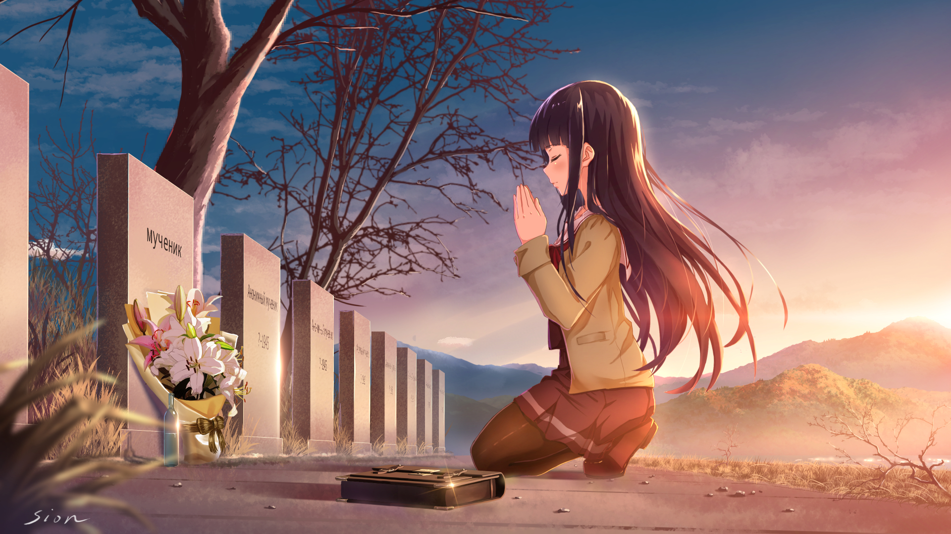 Girl anime praying in serene mountain landscape, oil...