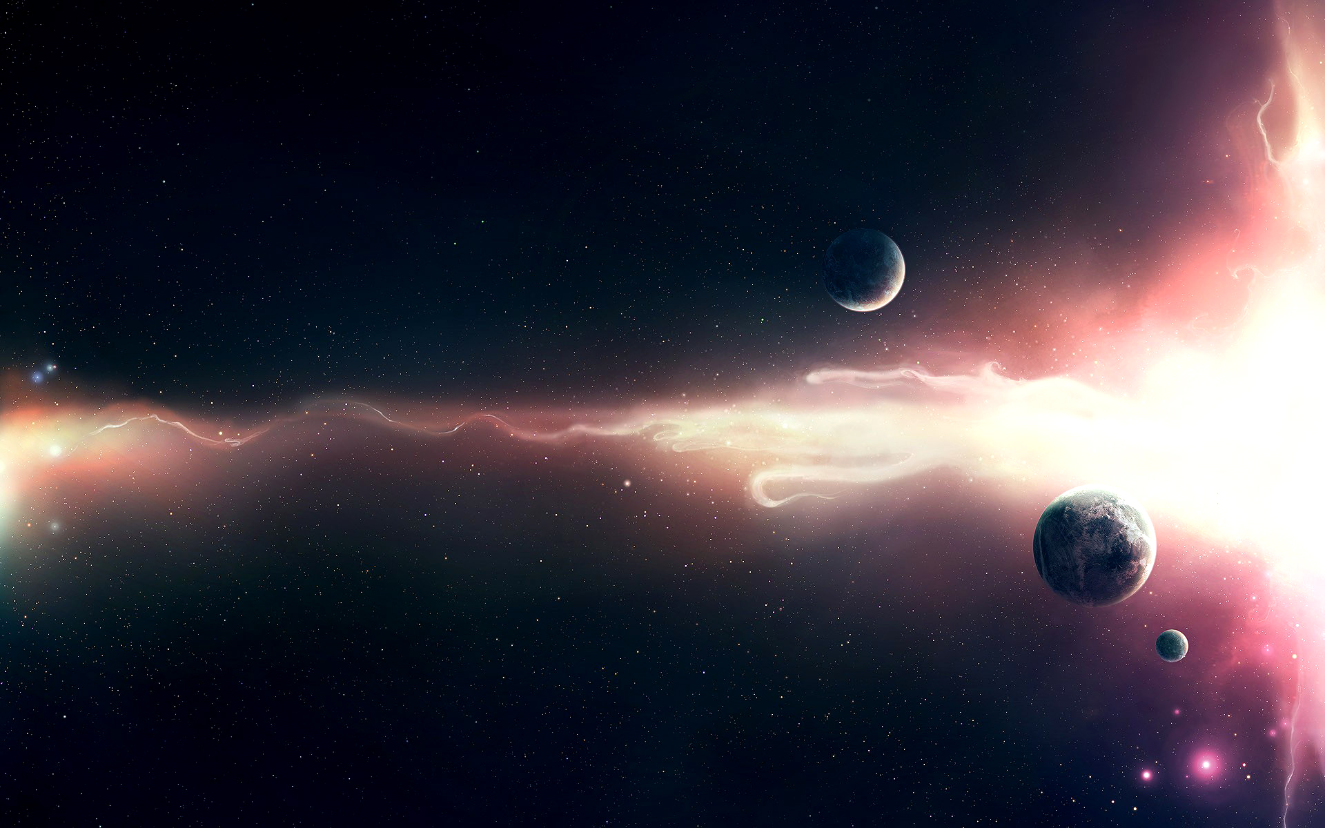 Coronal Burst desktop wallpaper with Sci Fi planets, sun, and planet in space.