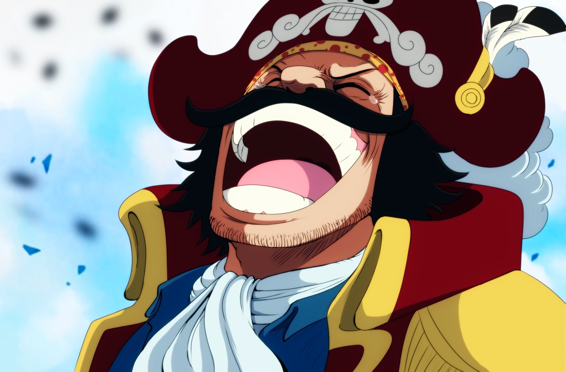 HD PC desktop wallpaper featuring Gol D. Roger from the anime One Piece, showcasing his iconic laughing expression with vibrant colors and dynamic background.